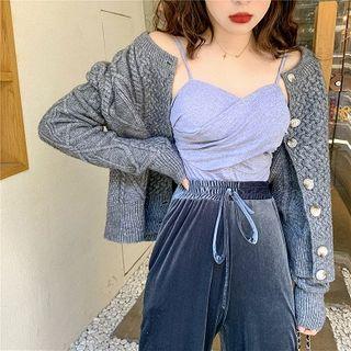 Plain Single-breasted Cable-knit Cardigan / Slim-fit Strap Top / High-waist Pants