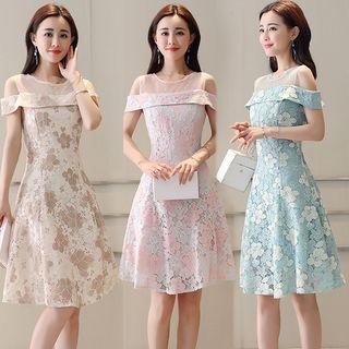 Lace Cold Shoulder Short-sleeve A-line Dress