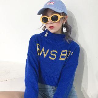 Lettering Mock Neck Crop Sweater Blue - One Size
