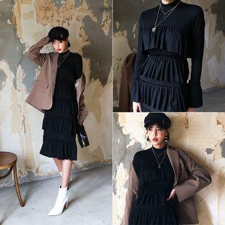 Mock-neck Tiered Long Dress Black - One Size