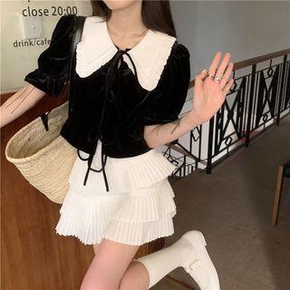 Elbow-sleeve Collared Top / Layered Mini A-line Skirt