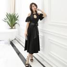 Short-sleeve Cold Shoulder Cutout A-line Midi Dress