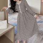 Patterned Long-sleeve Midi A-line Dress Patterned - White - One Size