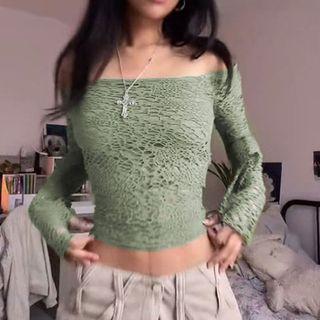 Long-sleeve Off-shoulder Distressed Crop Top