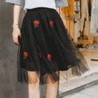Floral Embroidered Mesh A-line Skirt