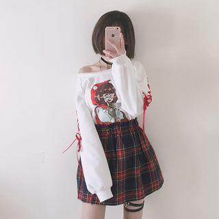 Print Pullover / Plaid A-line Mini Skirt