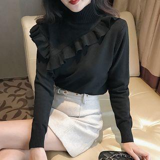 Mock Turtleneck Ruffle Trim Sweater / Mini A-line Skirt