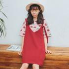 Set: Cherry Print Elbow Sleeve T-shirt + Plain Pinafore Dress