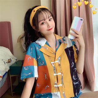 Elbow-sleeve Frog Buttoned Shirt As Shown In Figure - One Size