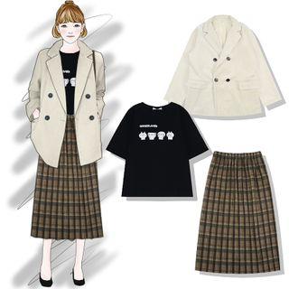 Plain Blazer / Short-sleeve T-shirt / Plaid Midi Skirt