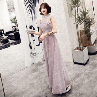Frill-stand Collar Flutter Sleeve Mesh Panel Glittered A-line Evening Gown