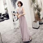 Frill-stand Collar Flutter Sleeve Mesh Panel Glittered A-line Evening Gown