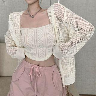 Bead Strap Crop Knit Camisole Top / Perforated Cardigan