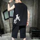Set: Chinese Character Print Tank Top + Drawstring Wide-leg Shorts