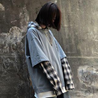 Mock Two-piece Plaid Long-sleeve Loose-fit Hoodie - 2 Colors