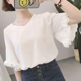 Frilled V-neck Elbow-sleeve Top