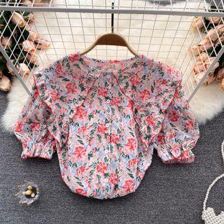 Peter Pan Collar Floral Puff-sleeve Top Pink - One Size