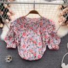 Peter Pan Collar Floral Puff-sleeve Top Pink - One Size