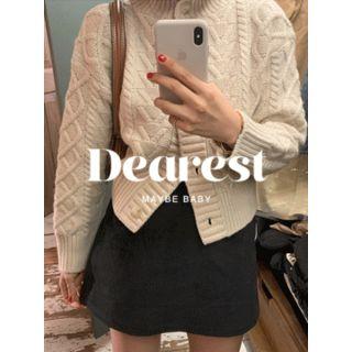 Mock-neck Wool Blend Cable-knit Cardigan One Size