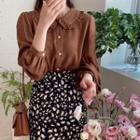 Sailor-collar Puff-sleeve Blouse Brown - One Size