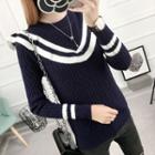 Long-sleeve Ruffle-trim Stripe-detail Sweater
