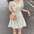 Short-sleeve V-neck Plaid Mini Dress