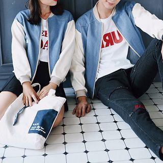 Couple Matching Denim Panel Bomber Jacket