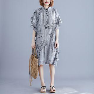 Striped Short-sleeve Collared Dress As Shown In Figure - One Size