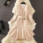 Set: Long-sleeve Lace Top + Knit A-line Dress