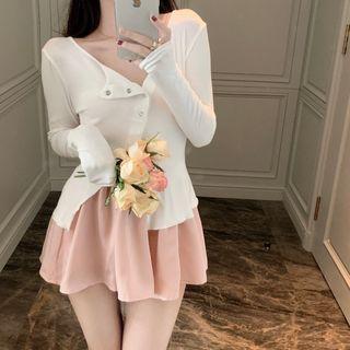 Round-neck Button-up Split Top / High Waist Mini A-line Skirt
