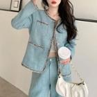 Round-neck Button-up Blazer / High-waist Plain Wide Leg Pants