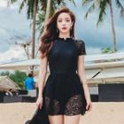 Set: Short-sleeve Swimsuit + Mini Lace Skirt