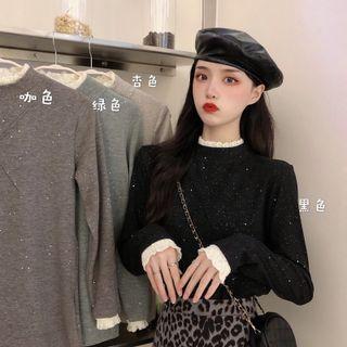 Long-sleeve Mock-neck Lace Trim Glitter Top