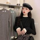 Long-sleeve Mock-neck Lace Trim Glitter Top