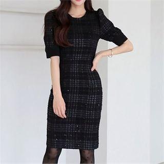 Puff-sleeve Tweed Midi Plaid Dress