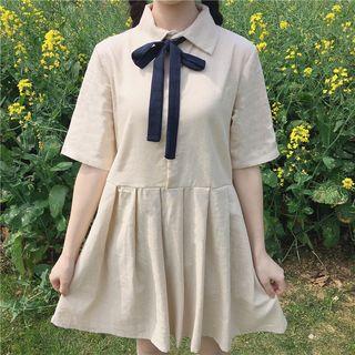 Short-sleeve Bow-accent Mini A-line Shirtdress