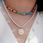 Embossed Alloy Pendant Faux Pearl Necklace 1pc - Gold & White - One Size