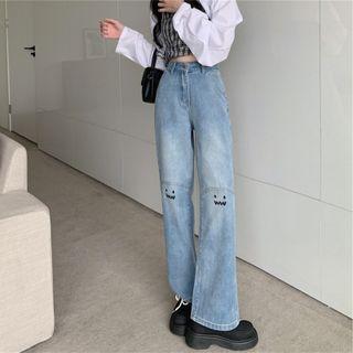 Smiley Face Mid Rise Loose Fit Jeans