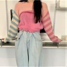 Striped Panel Color Block Sweater Pink - One Size