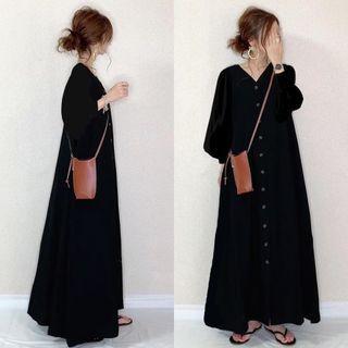 V-neck Plain Button-up Maxi A-line Dress
