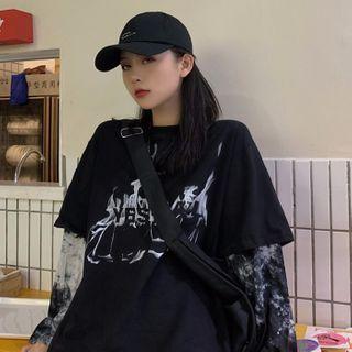 Long-sleeve Mock Two-piece Tie Dye T-shirt Black - One Size