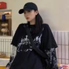 Long-sleeve Mock Two-piece Tie Dye T-shirt Black - One Size