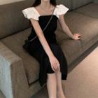 Cap-sleeve Paneled Midi A-line Dress Black - One Size