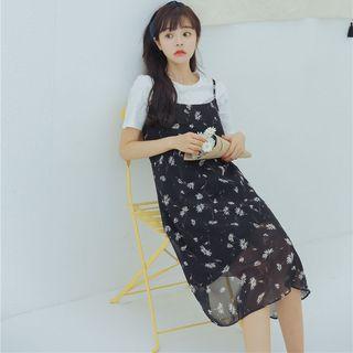 Set: Short-sleeve T-shirt + Floral Print Strappy Chiffon Dress