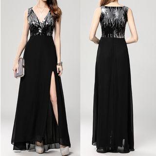 V-neck Slit-front Sequined Evening Dress