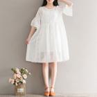 Set: Embroidered Elbow-sleeve Chiffon Dress + Strappy Dress