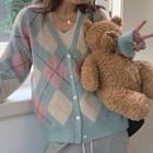 Long-sleeve V-neck Argyle Cardigan Cardigan - Argyle - Blue & Pink & Almond - One Size