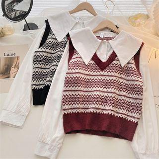 Long-sleeve Mock Two-piece Peter-pan Collar Panel Knit Top