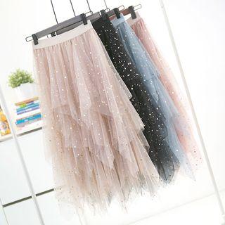Star Sequined Asymmetric Mesh Skirt