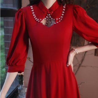 Mandarin Collar Faux Pearl A-line Cocktail Dress